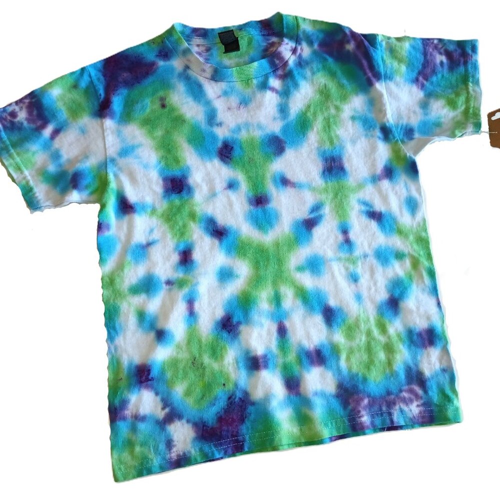 Tie Dye T-Shirt with Groovy Pattern in Indigo Green Blue Short Sleeve Kids Small - Picture 12 of 16